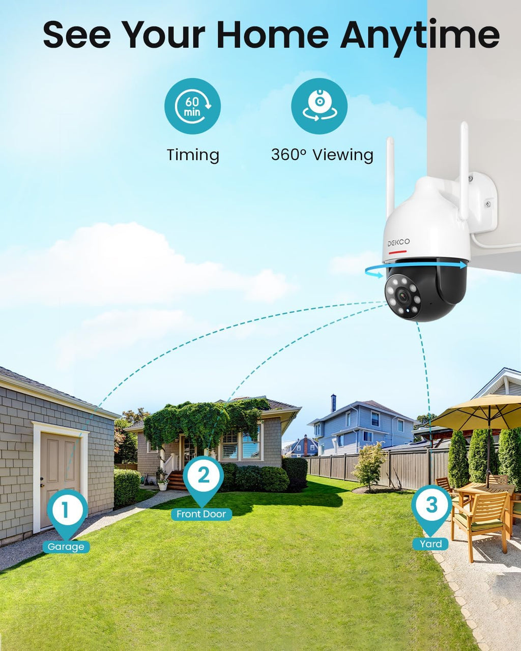 dekco 2k outdoor wifi security camera, plug-in pan-tilt showing dimensions