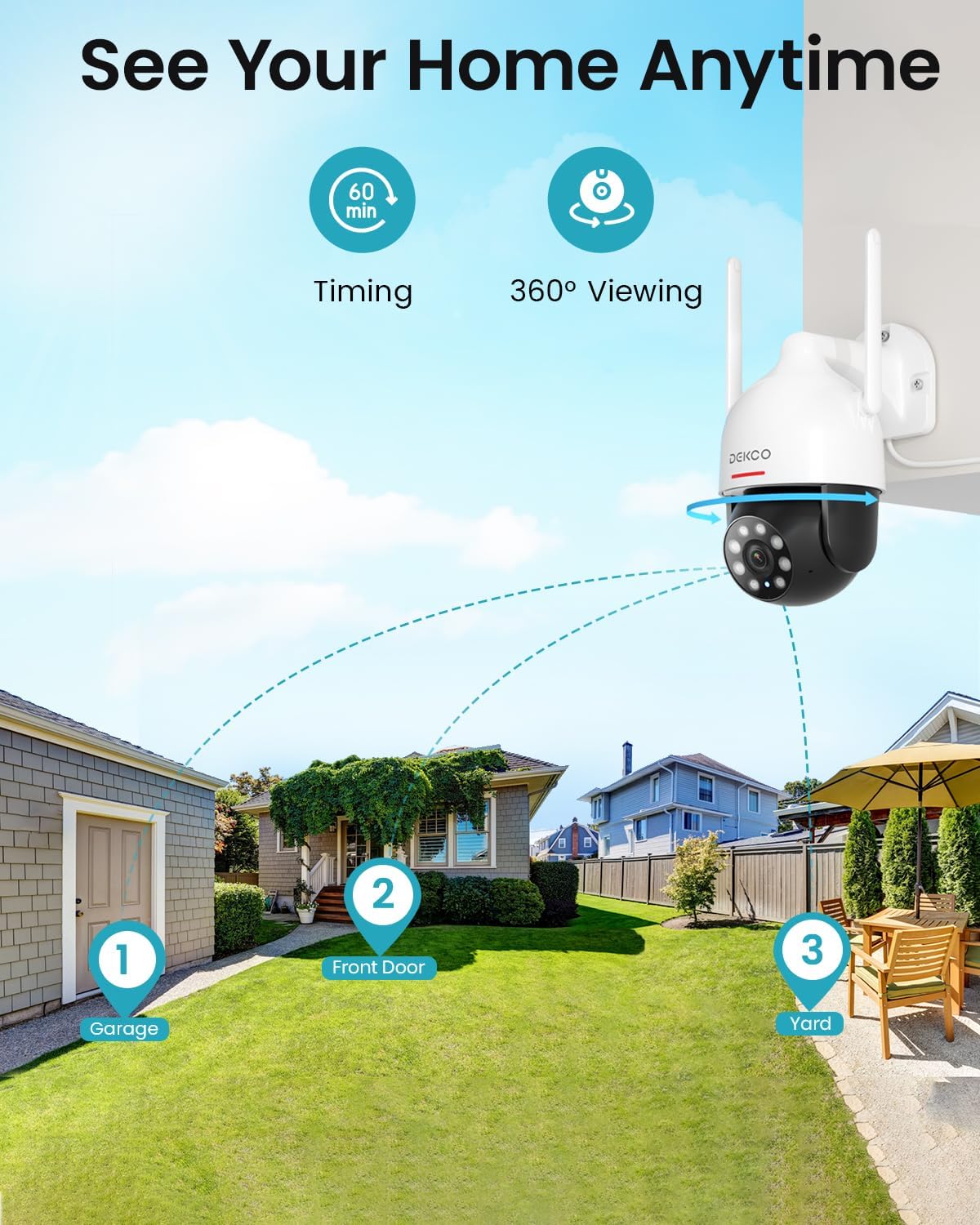 dekco 2k outdoor wifi security camera, plug-in pan-tilt showing dimensions