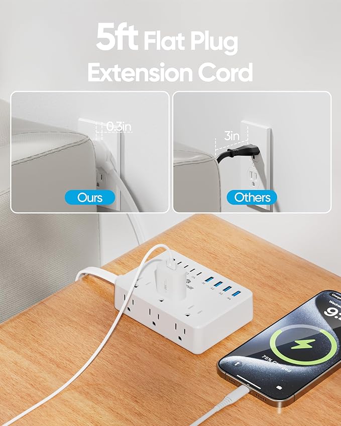 Kakyanill 100W Charging Station, 6 AC Outlets 8 USB Power Strip