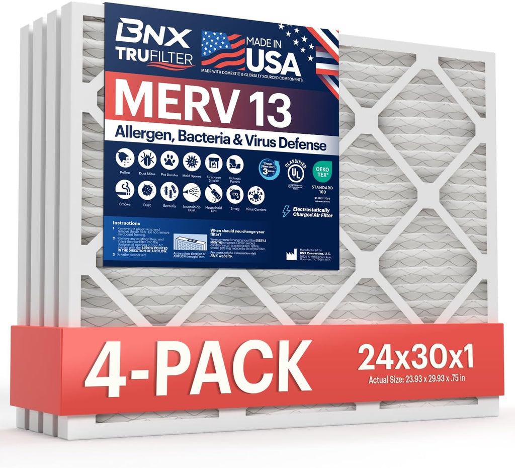 BNX TruFilter 24x30x1 Air Filter MERV 13 (4-Pack)