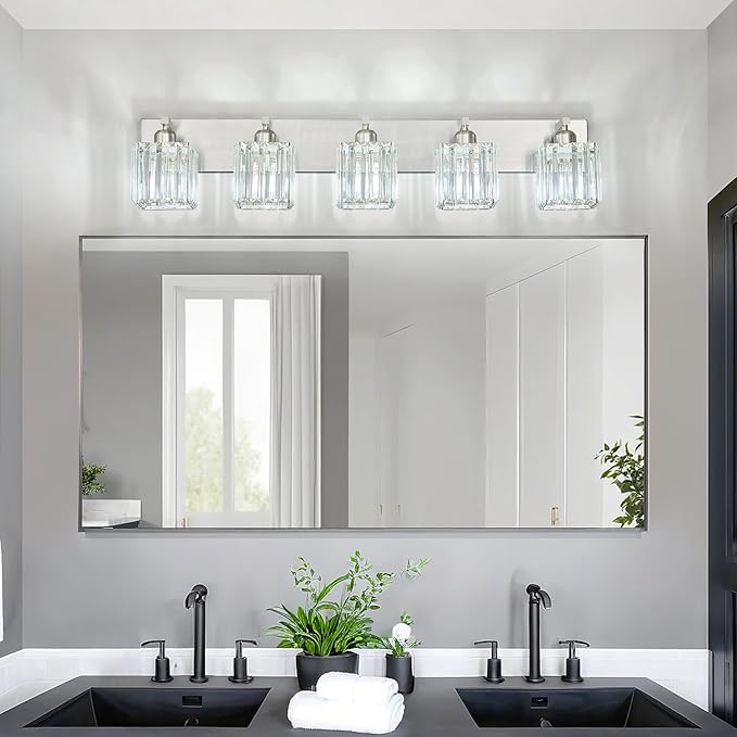 FDPBY Modern Vanity Light 5-Lights Brushed Nickel Vanity Light Crystal Bathroom