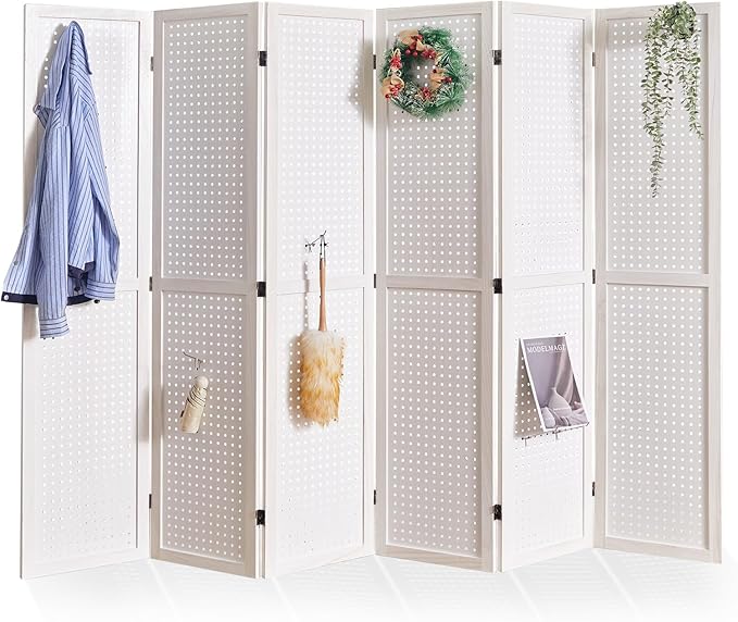Pegboard Display, 5.6Ft Wooden Room Divider Folding Privacy Screens Portable