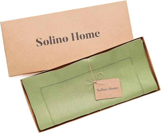 Solino Home Linen Moss Green Hemstitch Table Runner 36 Inches - 100% Pure Linen Small Table Runner 14 x 36 Inch Ideal for Dresser and Coffee Tables - Classic Hemstitch - Fall, Halloween, Thanksgiving
