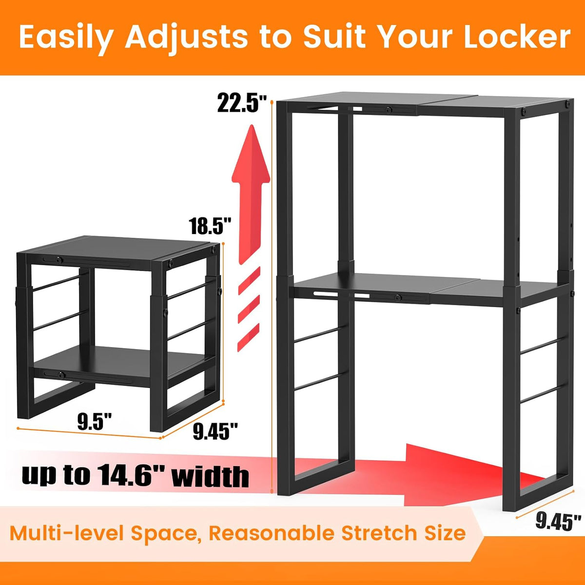 lidtop locker organizer shelf, metal adjustable width and, side view