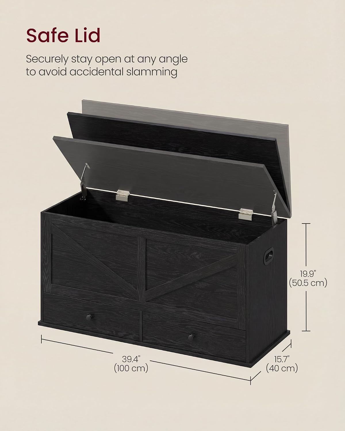 vasagle storage chest with 2 fabric drawers, 15.7 showing dimensions