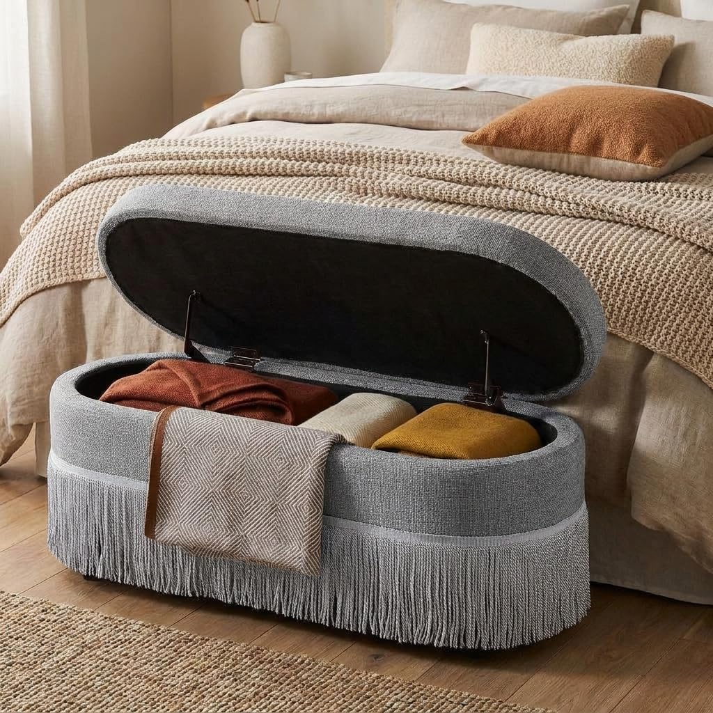 39.4“Storage Ottoman Bench with Tassels, Oval End of Bed Bench for Bedroom
