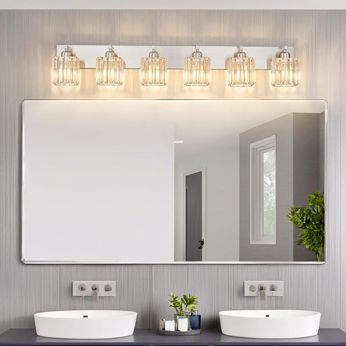 FDPBY Modern Vanity Light 6-Lights Brushed Nickel Vanity Light Crystal Bathroom