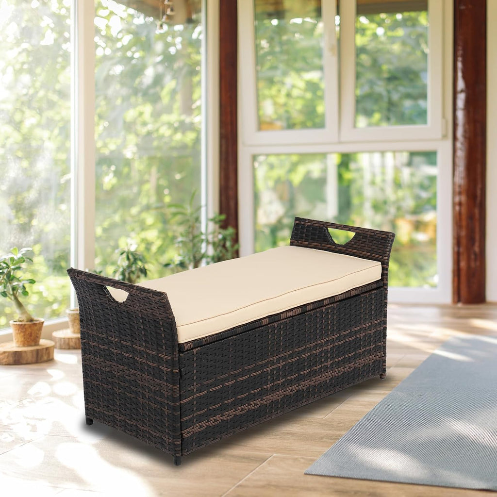 vingli 40 gallon wicker storage bench, patio cushion shown in use