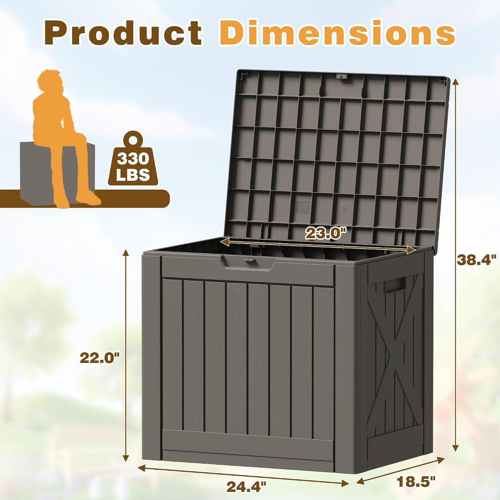 flamaker resin deck box 40 gallon waterproof outdoor showing dimensions