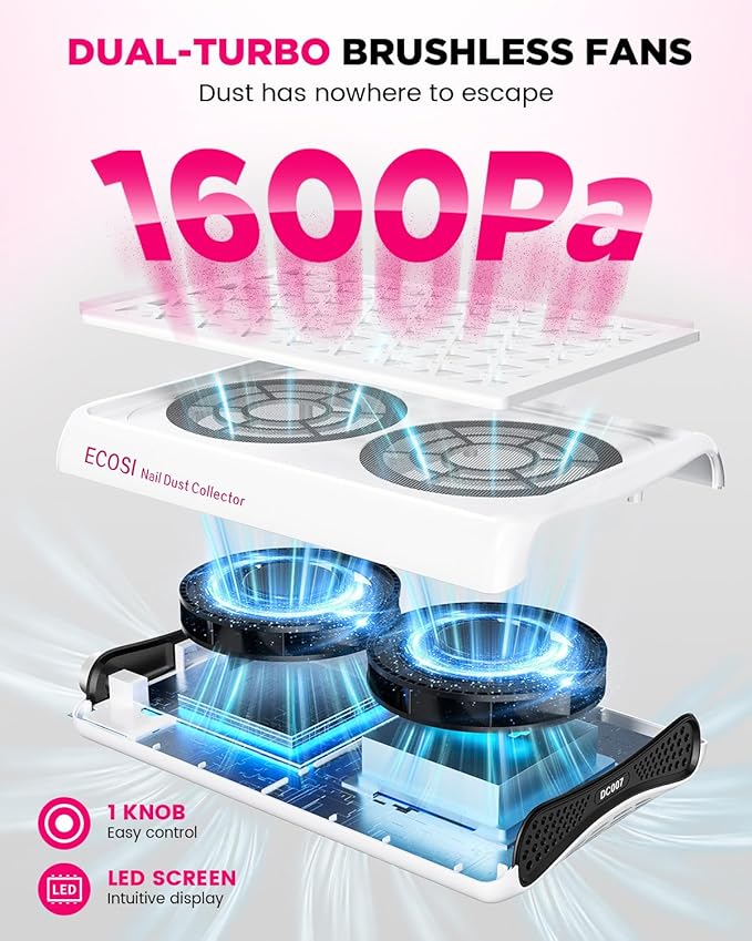 ECOSI Nail Dust Collector, Dual Turbo & 1600PA Professional Vacuum Fan Dust (30 Pcs)