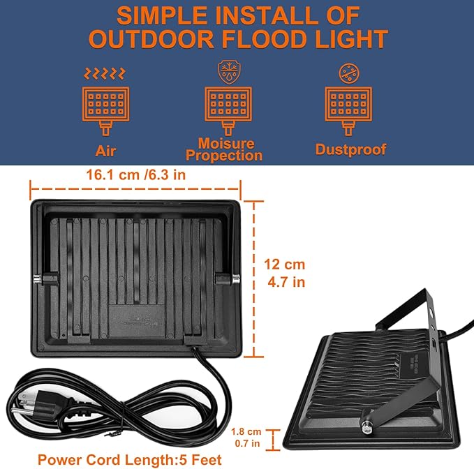 XXBSAZ 50W LED Flood Lights Outdoor, Plug-in & Hardwired Security Lights