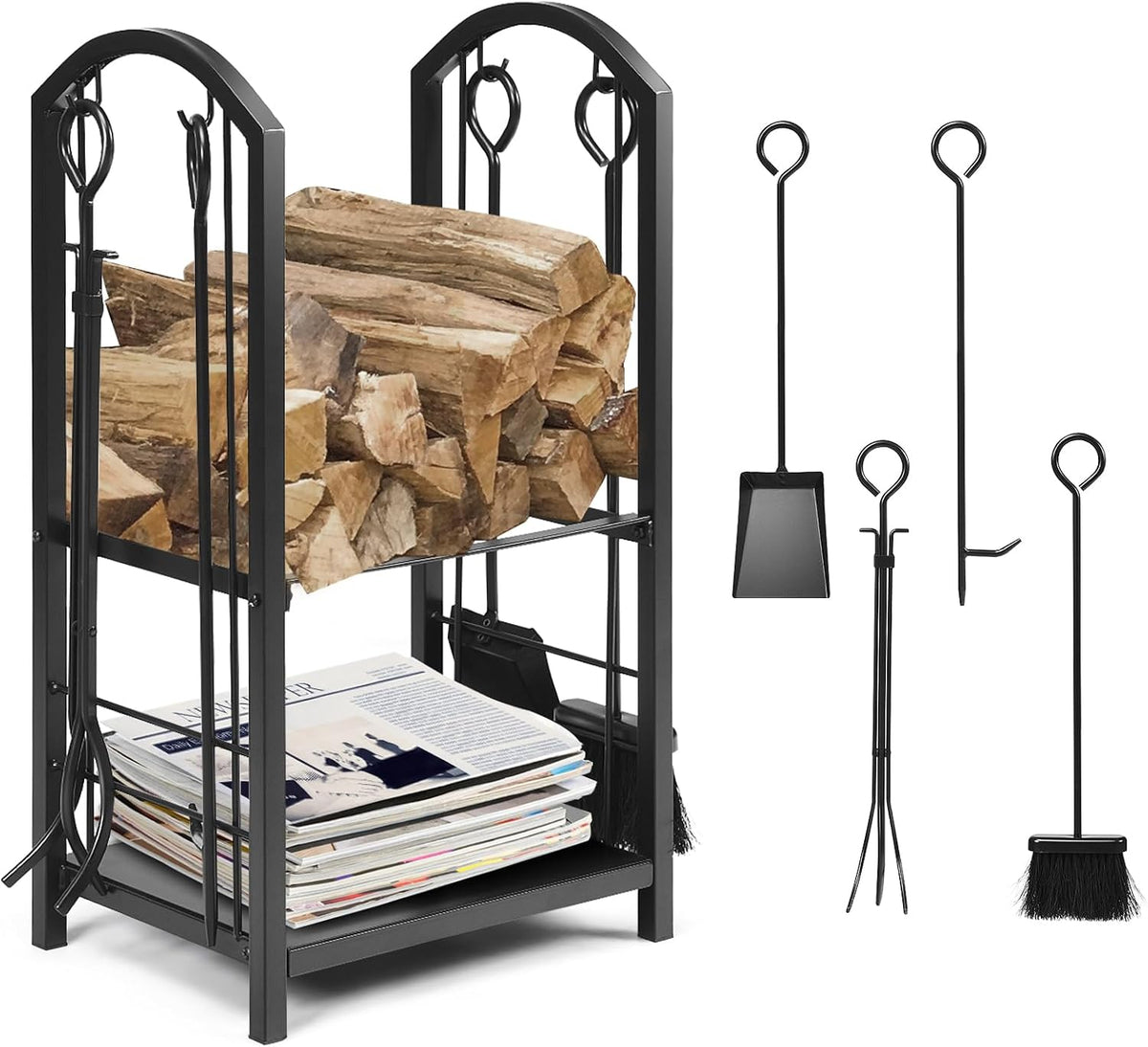 Tangkula 2-Tier Firewood Rack with 4 Fireplace Tools, 17.5''x12''x29.5''