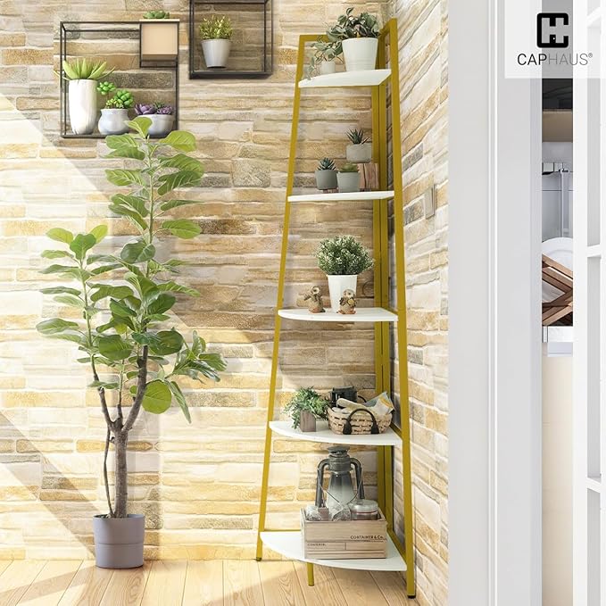 CAPHAUS Tall Corner Shelf Stand, 5-Tier Display Shelves, Ladder Corner Wood