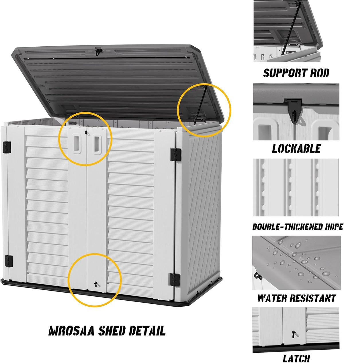 mrosaa outdoor patio storage shed,waterproof horizontal outdoor storage showing dimensions