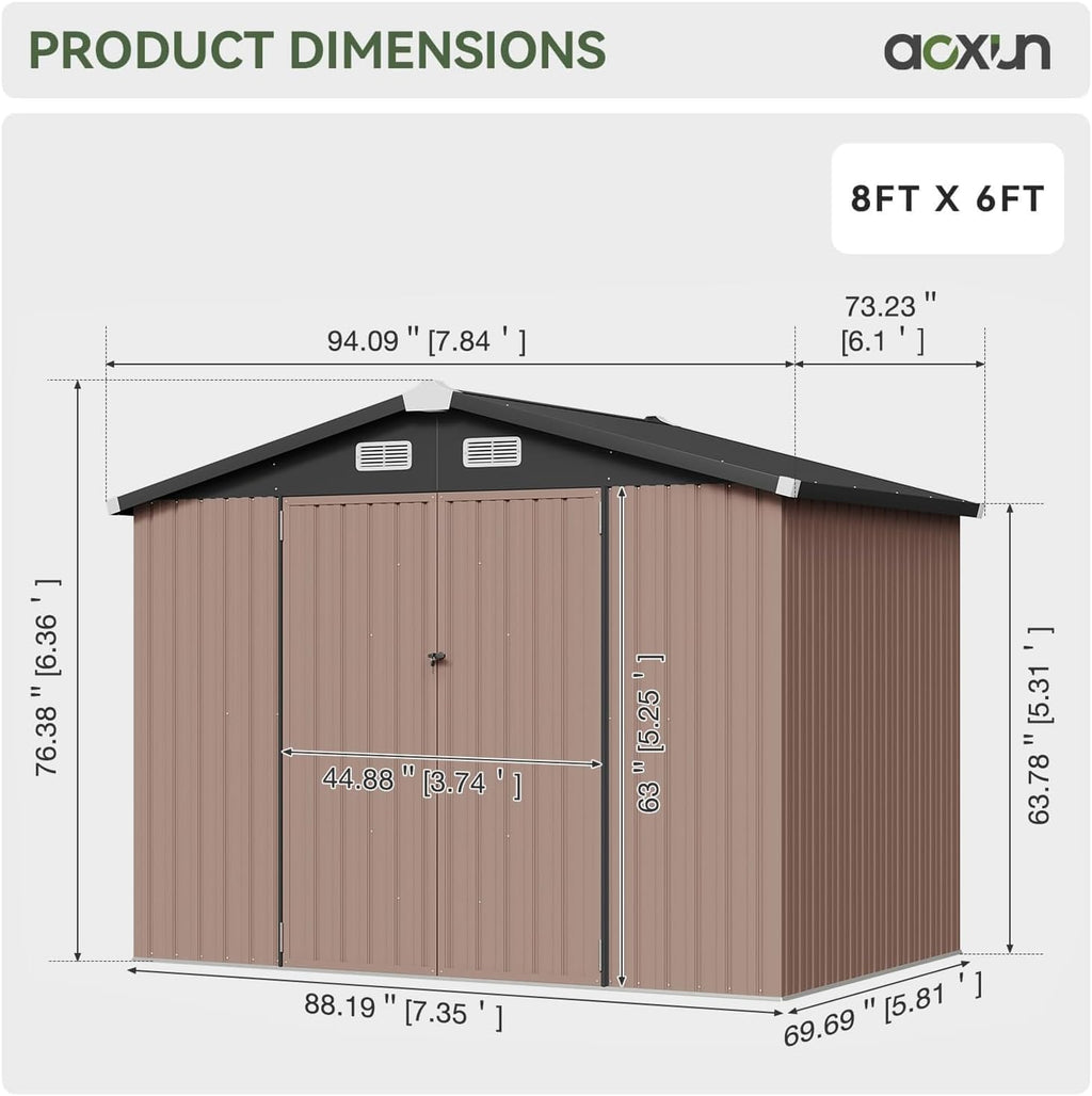 Aoxun 8x6 FT Metal Outdoor Steel Shed w/Base Brown