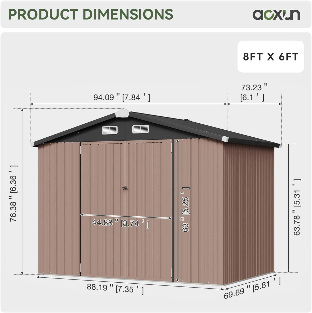 Aoxun 8x6 FT Metal Outdoor Steel Shed w/Base Brown