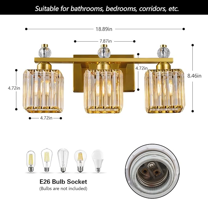 FDPBY Bathroom Vanity Lights 3-Light Modern Crystal Vanity Light Gold Bathroom