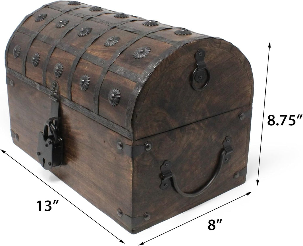 Nautical Cove Wooden Treasure Chest with Padded Velvet Lining and Antique Lock with Skeleton Keys (Large 13x8x8.75) – Luxury Wood Pirate Chest, Decorative Box with Lid, Wooden Lock Box, Pirate