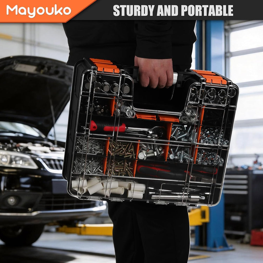 Mayouko Double Side Tool Box with Transparent Lid, 8 Movable Small Trays & Removable Dividers, Multi-Function Small Parts Organizer, for Hardware, Screws, Bricks, Nails, Jewelry and Fishing Tackle