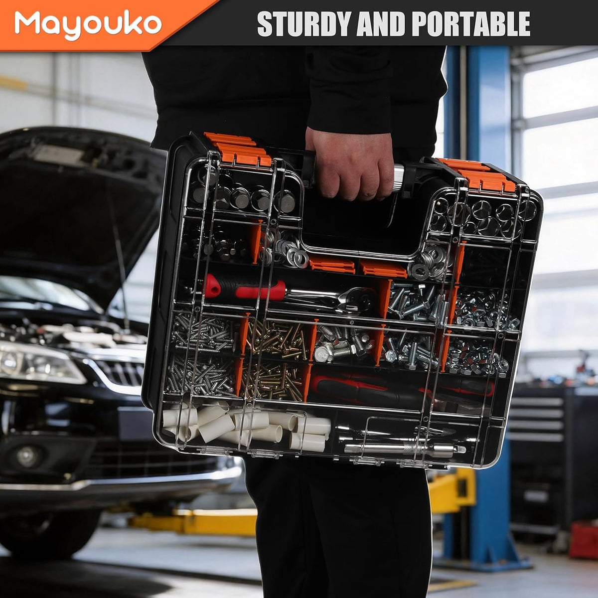 Mayouko Double Side Tool Box with Transparent Lid, 8 Movable Small Trays & Removable Dividers, Multi-Function Small Parts Organizer, for Hardware, Screws, Bricks, Nails, Jewelry and Fishing Tackle