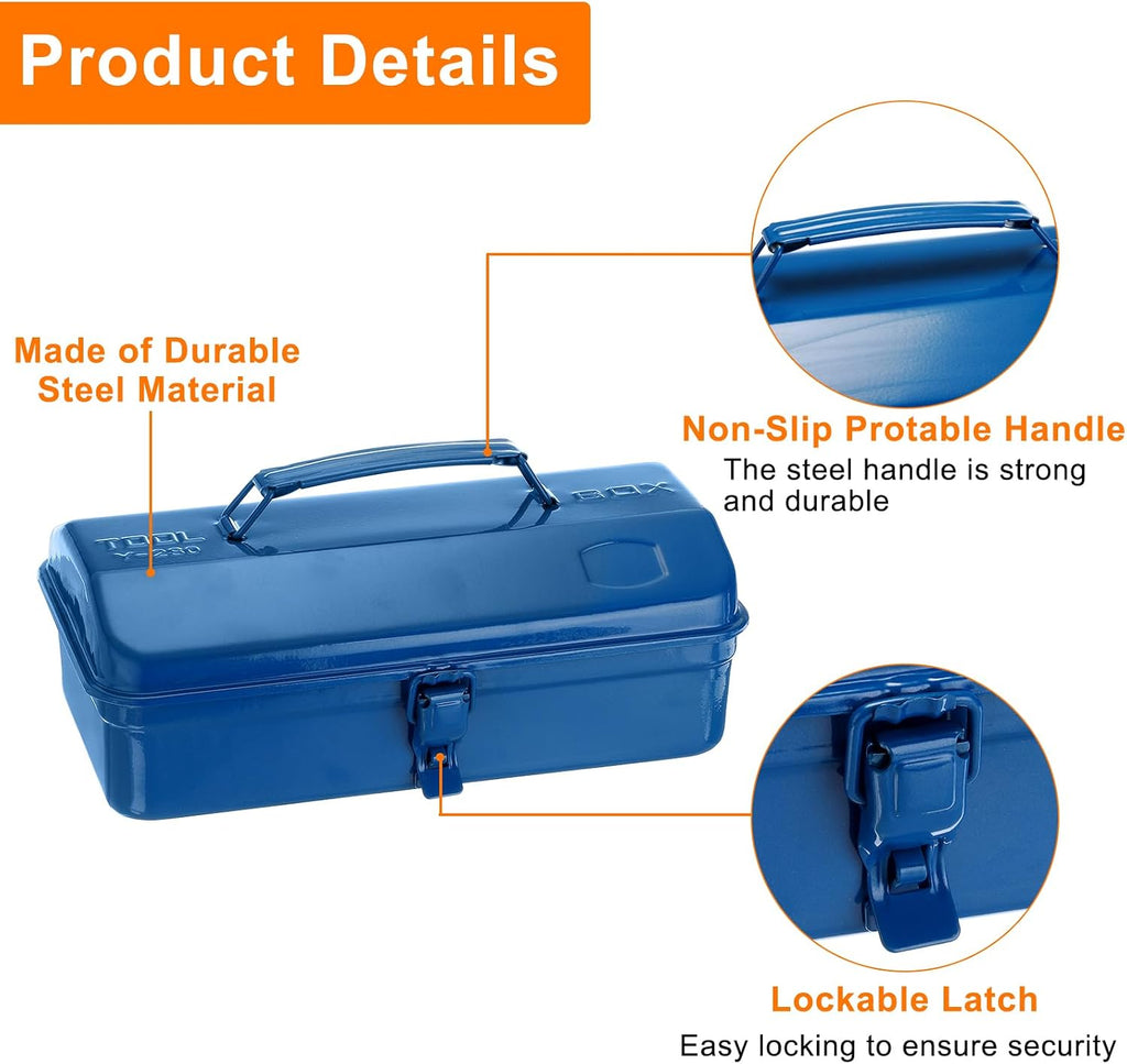 harfington tool box 11.4" portable steel tool box showing dimensions