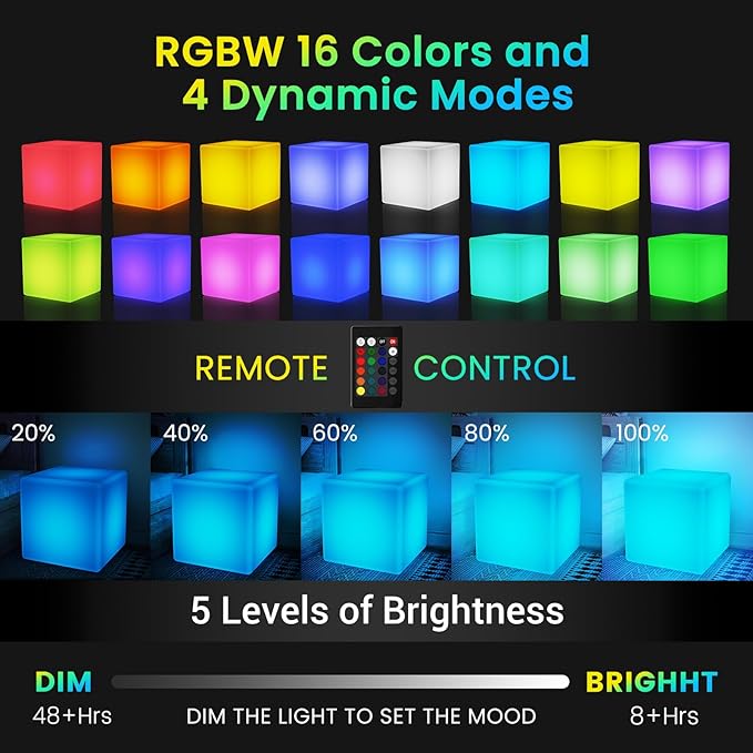 LOFTEK 20-inch LED Lighted Cube Table, Large Cube Chair Light, 16 RGB Colors