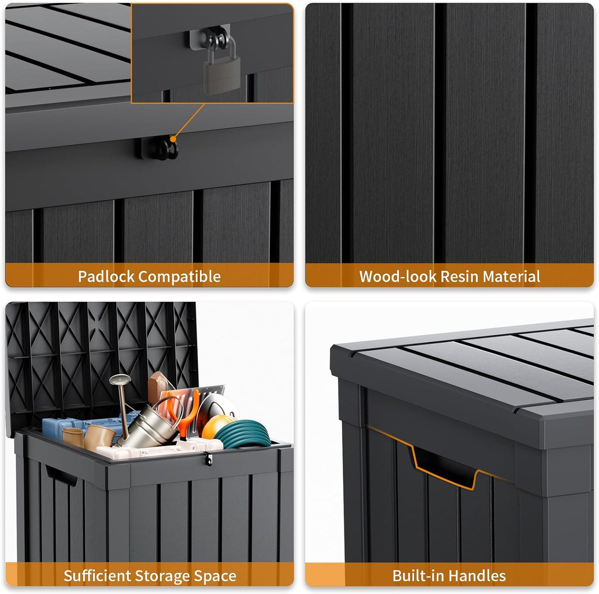 patiozen 70 gallon deck box, outdoor storage box, side view