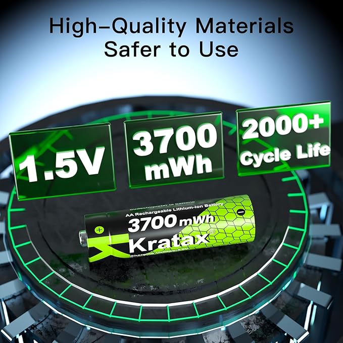 Kratax 3700mWh AA Rechargeable Lithium Batteries (8 Pack)