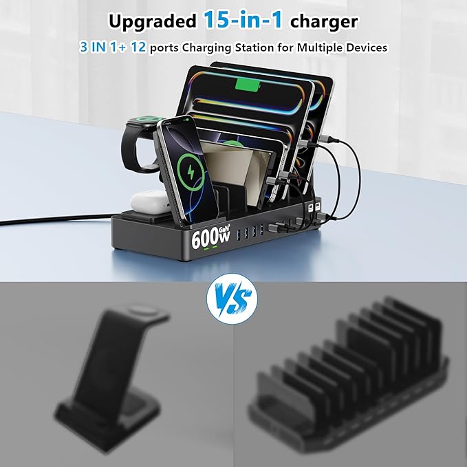600w Charging Station for Multiple Devices, 15 in 1 Wireless Charging Station