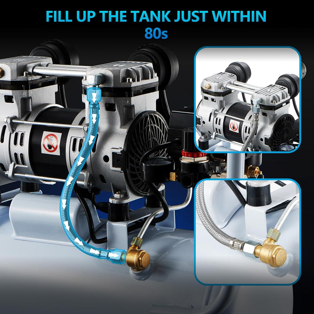 Quiet Oil-Free Air Compressor, 68 dB, 2.8 CFM @ 90 PSI, 5 Gallon Air Tank