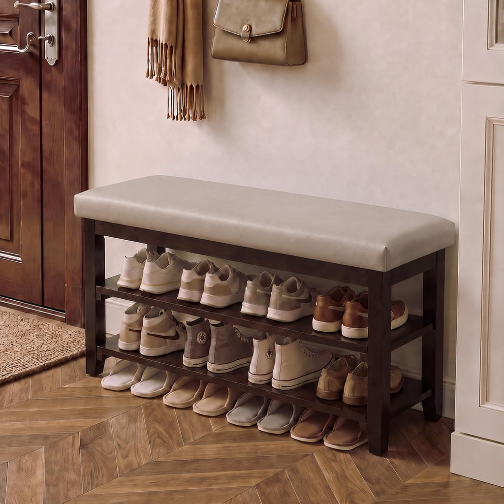 40" Wooden Shoe Rack with Seating, Entryway Bench with Shoe Storage, Grey