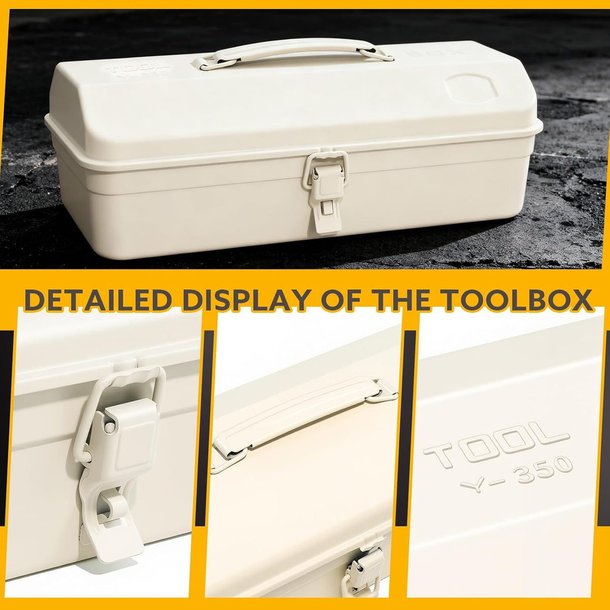 milky white portable metal tool box hip roof, close-up detail