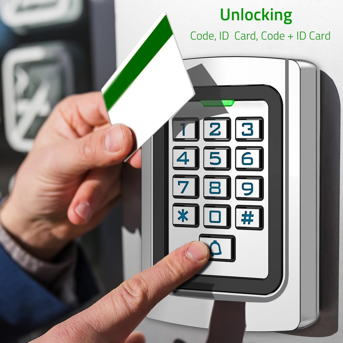 universal wired access control keypad, pin code & shown in use