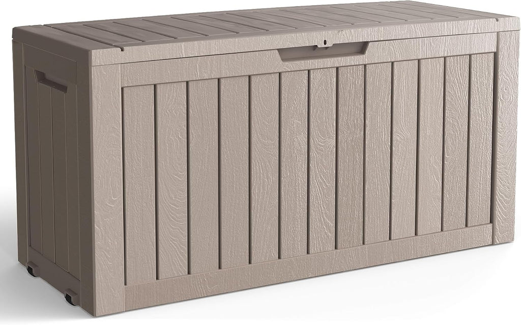 76 Gallon Outdoor Storage Box with Wheels, Waterproof Lockable Resin Deck Box, Patio Storage Bin for Pool Accessories Cushion Furniture, Garden Tools, UV-Resistant Outside Delivery Grey