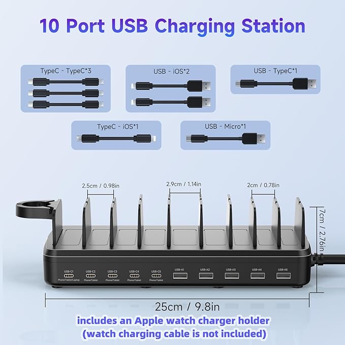 285W Charging Station for Multiple Devices, 10 Ports Fast Multi-Device Charger