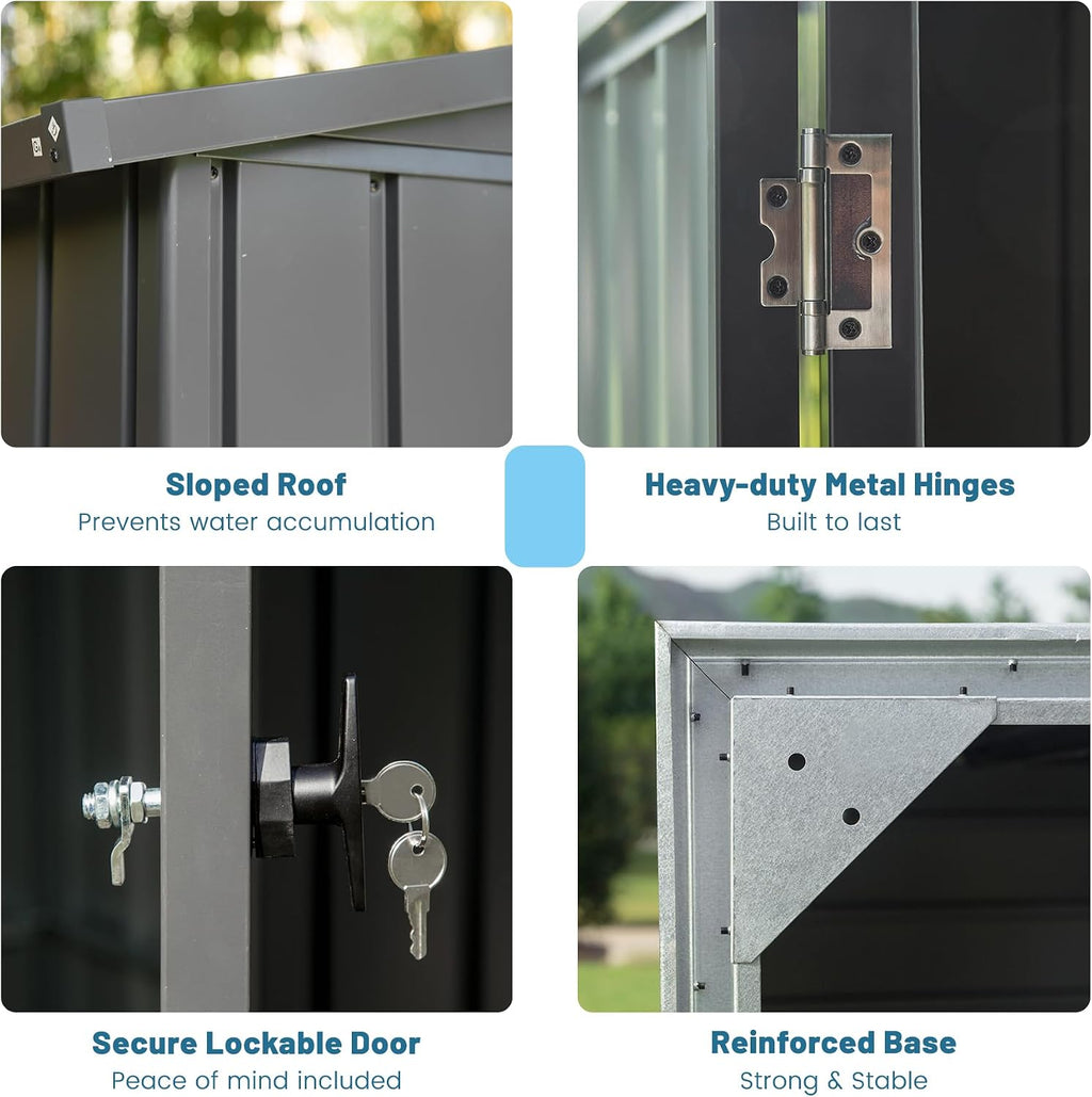 domi 8x6 ft outdoor storage shed,large metal tool showing dimensions