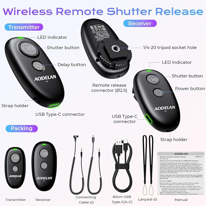 Upgraded USB-C Rechargeable Wireless Camera Remote Control Shutter Release –