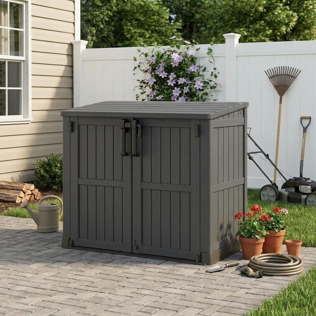 plastic outdoor storage shed, 37 cu ft weatherproof shown in use