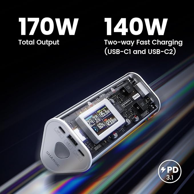 SHARGEEK 170 Power Bank, 170W Total 24, 000mAh High Capacity Portable Charger