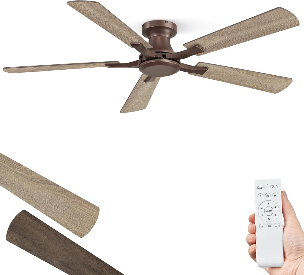 ZMISHIBO 52 Inch Ceiling Fan No Light, Flush Mount Low Profile, Farmhouse Brown