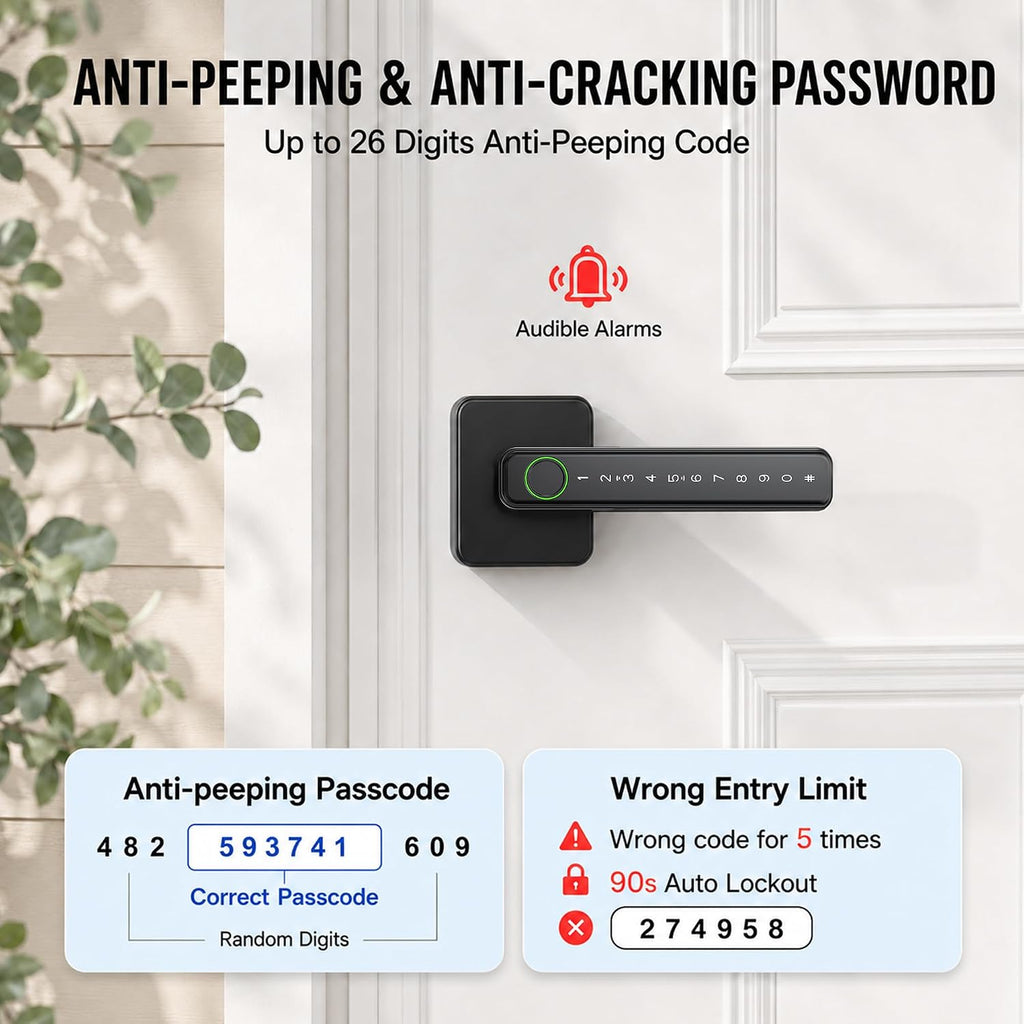 smart fingerprint door lock knob, biometric keyless entry showing dimensions