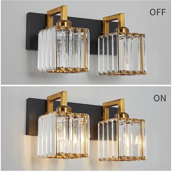 FDPBY Modern Bathroom Vanity Light 2-Lights Black Gold Crystal Wall Lamp