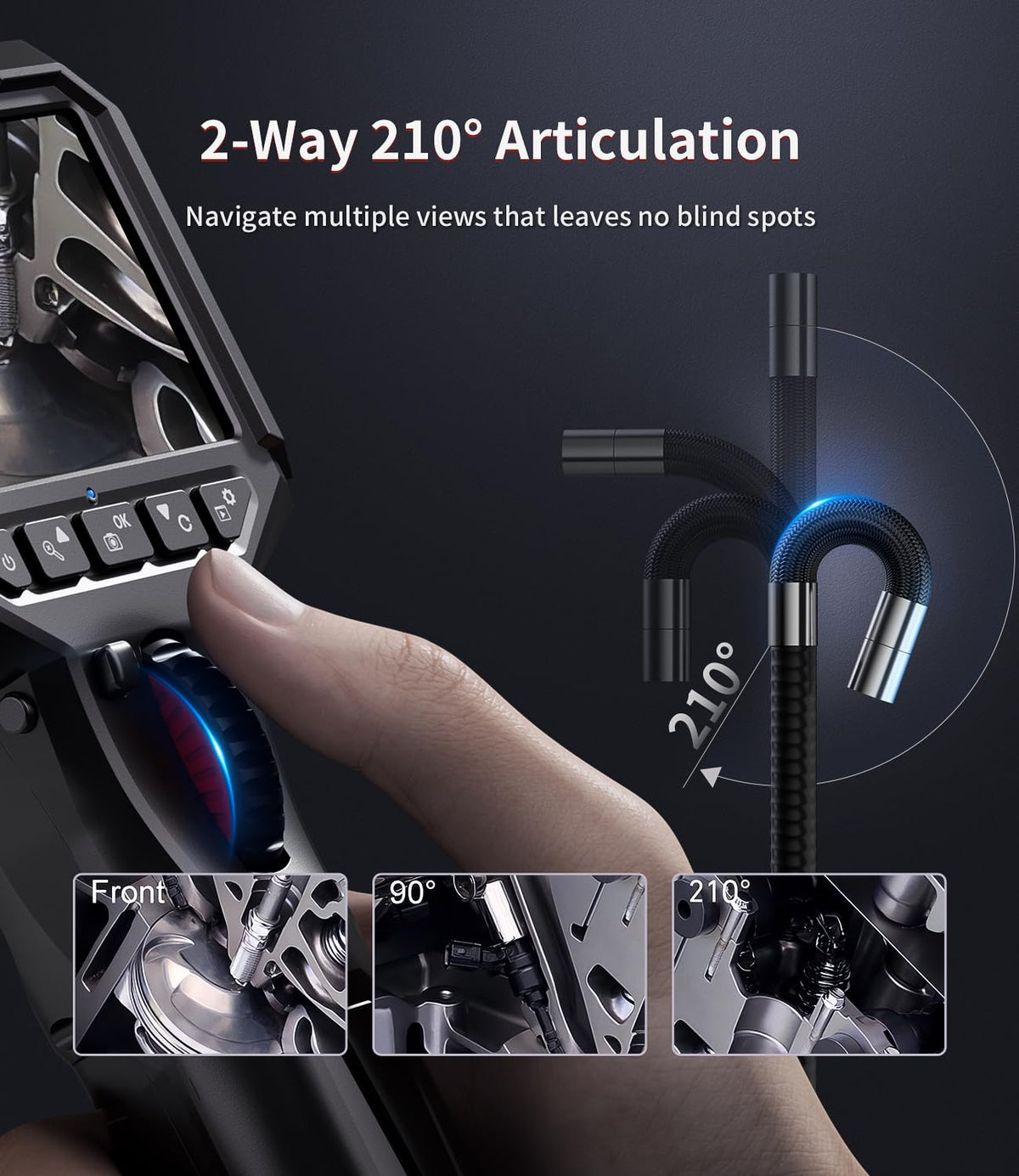 ralcam two-way articulating borescope with light, slim probe shown in use