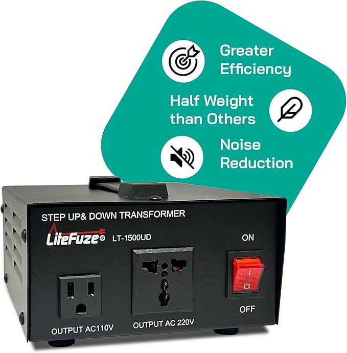 LiteFuze 1500 Watt Voltage Converter Transformer Step Up/Down - 110v to 220v /
