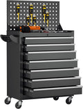 Greenvelly 7-Drawer Rolling Tool Chest with Pegboard, Pre-Assembled Metal Tool Box with Drawers, Tool Storage Cabinet with Wheels for Garage, Workshop, Repair Room (Black)