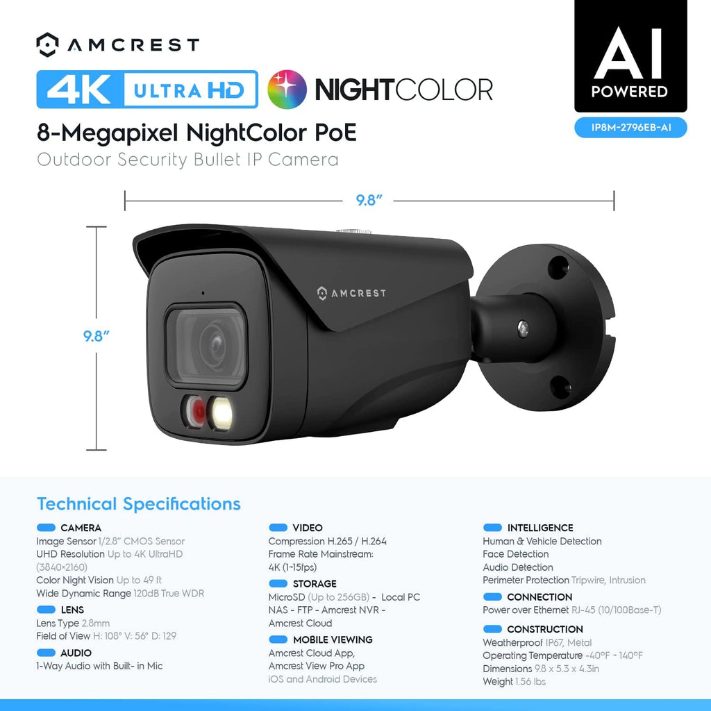 amcrest 2-pack ultrahd 4k ip poe ai camera, front angle view