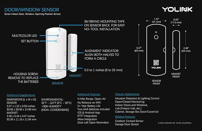 YoLinK LoRa Smart Door Sensor Starter Kit: 1/4 Mile Open-Air Range, Door (2-Pack)