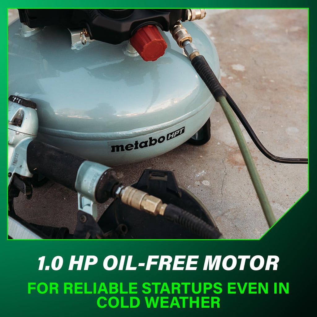Metabo HPT Pancake Air Compressor, 6-Gallon 165PSI, Portable Air Compressor with 1.0 HP Oil-Free High Efficiency Motor, Lihghtweight, Quick Couplers for Fast Tool Changes, EC711S
