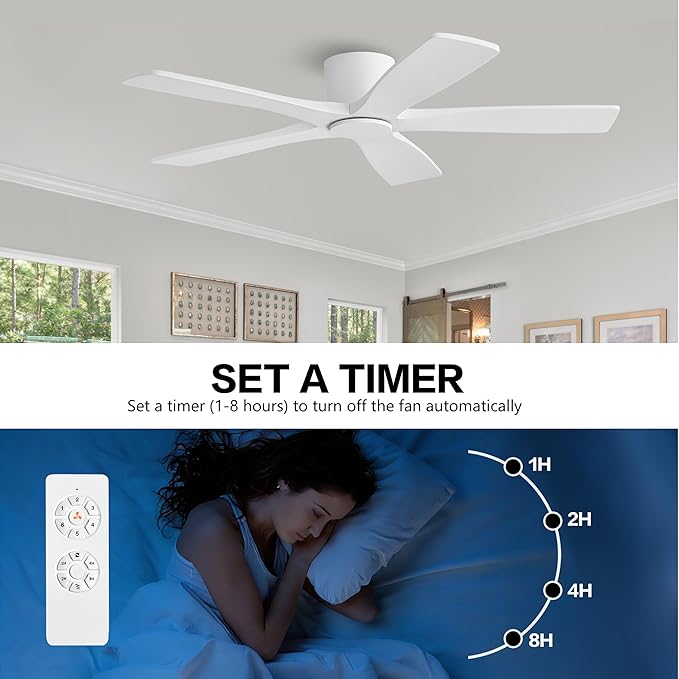 WINGBO 54" Flush Mount DC Ceiling Fans Without Lights, 5 Carved Solid Wood