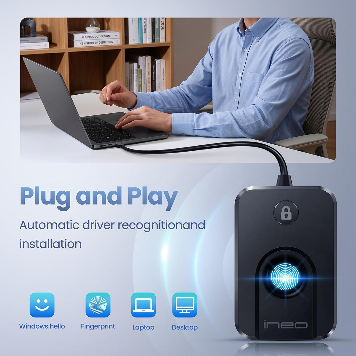 ineo usb fingerprint reader for windows 10/11, windows, close-up detail